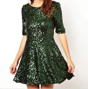 Green Sequin Fit Flare Skater Scoopback Dress FCUK French Connection Ozlem 6
